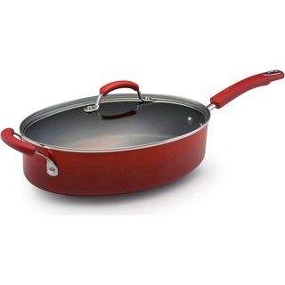 Rachael Ray Hard Enamel Cookware 5 quart Covered Oval Saute with Helper Handle, Red 2 tone Rachael Ray Pots/Pans