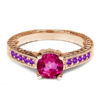 1.20 Ct Round Pink Mystic Topaz Purple Amethyst 18K Rose Gold Engagement Ring Jewelry