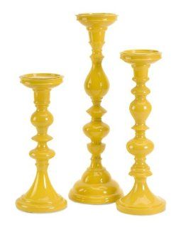 Set of 3 Contemporary Tall Mustard Yellow Sculpted Pillar Candle Holders  