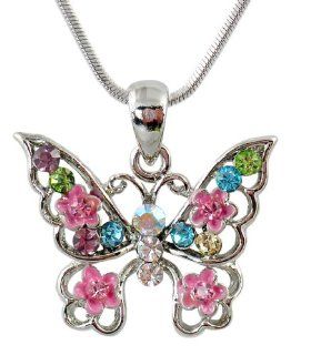 Pretty Multicolor Pink, Blue, Green, Purple, Flowers Crystal and Enamel Butterfly Pendant/necklace Jewelry