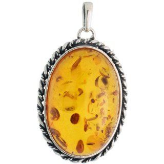 Sterling Silver Oval Russian Baltic Amber Pendant w/ Rope Edge Design, w/ 30x20mm Oval shaped Cabochon Cut Stone, 1 1/2" (38mm) tall Jewelry