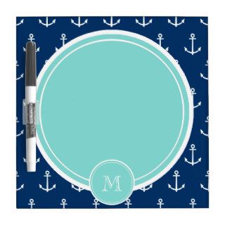 Navy Blue White Anchors Pattern, Mint Green Monogr Dry Erase Whiteboard