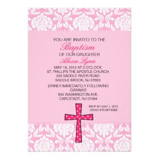Pink Damask Cross Baptism Invitation