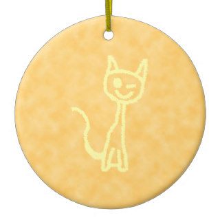 Yellow Cat, Winking. Yellow Pattern Background. Christmas Ornament