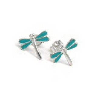 Sterling Silver Enamel Dragonfly Stud Post Earrings, Turquoise Blue Jewelry