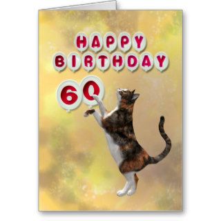 Playful cat and 60th Happy Birthday balloons Card