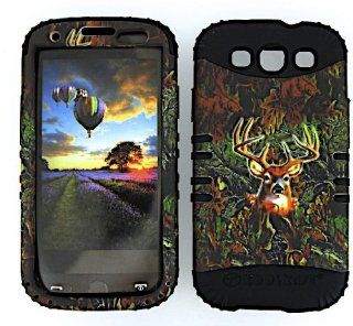 3 IN 1 HYBRID SILICONE COVER FOR SAMSUNG GALAXY S III S3 AT&T, SPRINT, T MOBILE, VERIZON, METRO PCS, BOOST, CRICKET, US CELLULAR, VIRGIN MOBILE HARD CASE SOFT BLACK RUBBER SKIN CAMO DEER BK WFL025 I747 KOOL KASE ROCKER CELL PHONE ACCESSORY EXCLUSIVE BY