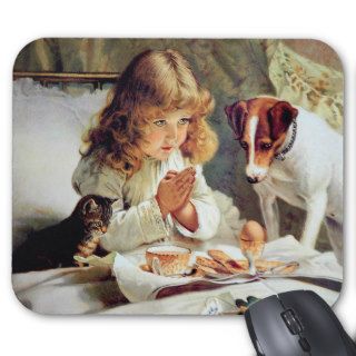 Breakfast in Bed Girl, Terrier and Kitty Cat Mouse Pads