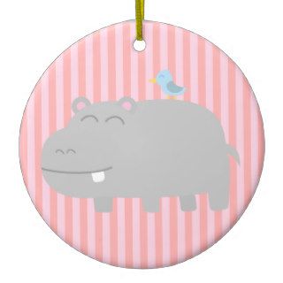 Cute Cartoon Hippo with bird & stripes background Ornaments