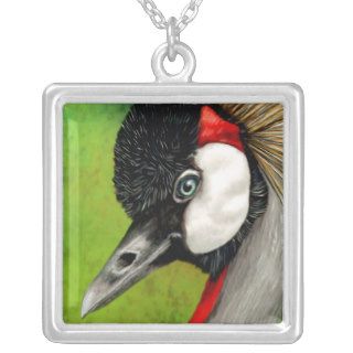 Grey Crown Crane Bird Art Pendant Necklace