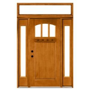 Steves & Sons Craftsman 3 Lite Arch Stained Mahogany Wood Right Hand Entry Door with Sidelites and Transom 6 in. Wall M4151 1210 AW 6RH
