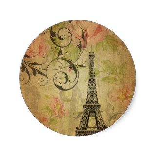 elegant eiffel tower floral vintage paris round sticker