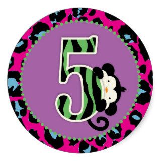Jungle Monkey Fifth Birthday Cupcake Topper Wild Round Sticker