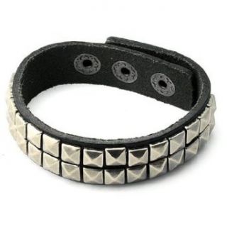 Black Genuine Leather Double Pyramid Rows Stud Cuff Bracelet Apparel Clothing