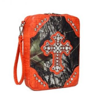 Mossy Oak Camouflage Print Bible Cover w/ Croco Trim And Studded Cross Emblem  Orange Clothing
