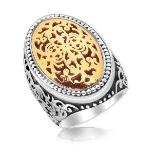 18K Yellow Gold and Sterling Silver Oval Ring with Scrollwork and Dot Accents Jewelry