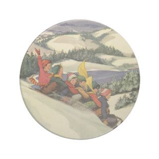 Vintage Christmas, Children Sledding on a Mountain Coasters