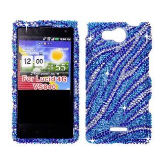 LG Lucid 4G 4 G VS840 VS 840 / Cayman Cell Phone Full Crystals Diamonds Bling Protective Case Cover White and Blue Zebra Animal Skin Stripes Pattern Design Cell Phones & Accessories
