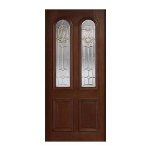 Main Door Mahogany Type Prefinished Antique Beveled Brass Twin Arch Glass Solid Wood Entry Door Slab SH 552 ATQ B