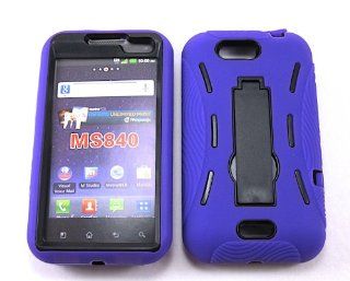 LG CONNECT 4G MS 840 PURPLE SKIN BLACK SNAP STAND + HYBRID RUBBER HARD SNAP ON CASE SNAP ON PROTECTOR ACCESSORY Cell Phones & Accessories