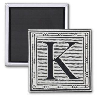 Block Letter "K" Woodcut Woodblock Inital Magnet