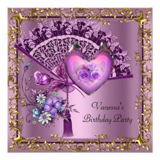 Elegant Birthday Party Purple Fan Floral Heart Personalized Invitation