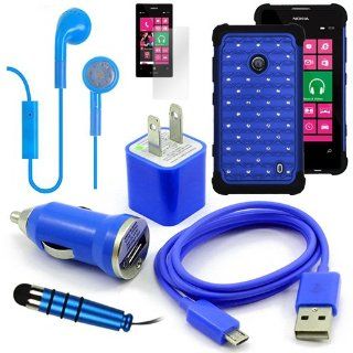 Metro PCS Nokia Lumia 521 Blue Diamond Studded Rugged Case, USB Car Charger Plug, USB Home Charger Plug, USB 2.0 Data Cable, Metallic Stylus Pen, Stereo Headset & Screen Protector (7 Items) Retail Value $89.95 Cell Phones & Accessories