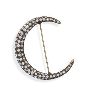 Genuine Elegante Brooch. Brass and Crystal Crescent Moon Fashion Pin. . Jewelry