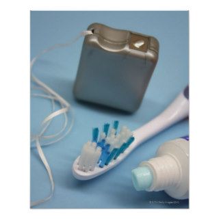 Toothbrush, toothpaste and floss. print