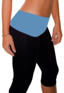 Yoga Exercise Fold Over Capri Pant   Supplex Lycra (Black/Light Blue) Clothing