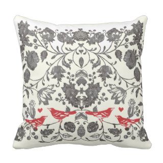 Cayenne Coral and Gray Vintage Floral Bird Throw Pillow