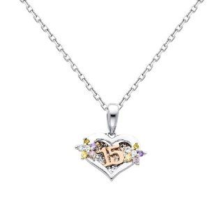 14K White Gold 15 Aos CZ Charm Pendant with Yellow Gold 1.1mm Oval Angled Cut Rolo Cable Chain Necklace with Lobster Claw Clasp   Pendant Necklace Combination (Different Chain Lengths Available) The World Jewelry Center Jewelry