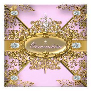 Elite Quinceanera Soft Pink Gold Damask 15th Party Invitations