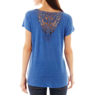 I Jeans By Buffalo Short Sleeve Lace Inset Tee, Blue, Womens