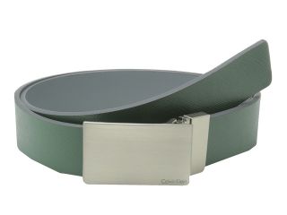 Calvin Klein 32MM Reversible Flat Strap Plaque Buckle w/ Logo Mens Belts (Green)