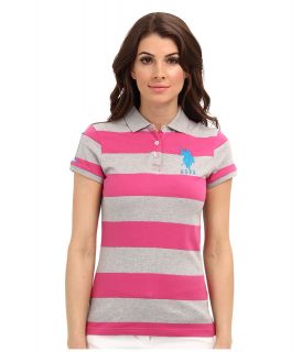 U.S. Polo Assn Wide Striped Polo with Big Embroidered Pony Womens Short Sleeve Knit (Pink)