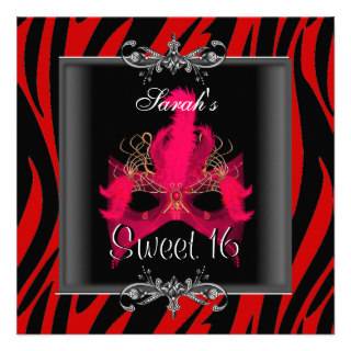 Sweet Sixteen 16 Birthday Red  Zebra Black Mask Personalized Invitations