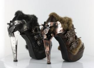 HADES ATRIEDES Women's Steampunk Alternative Cyber Fur Bootie Pump Metallic Boot Shoes
