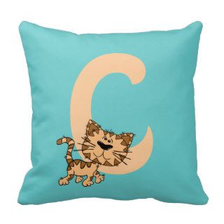 Monogram initial letter C, cute cat cartoon custom Throw Pillow