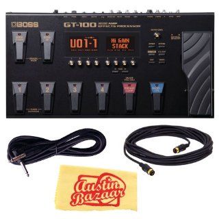 Boss GT 100 Amp Effects Processor Bundle with 10 Foot Instrument Cable, MIDI Cable, and Polishing Cloth Musical Instruments
