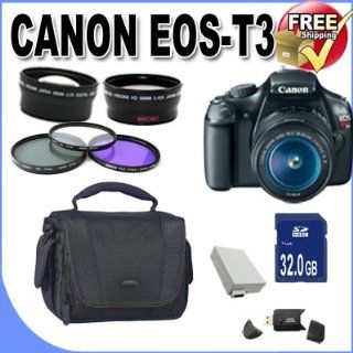Canon EOS Rebel T3 12.2 MP CMOS Digital SLR with 18 55mm IS II Lens (Black)+58mm 2x Telephoto lens + 58mm Wide Angle Lens (3 Lens Kit) W/32GB SDHC Memory +Extra Battery/Charger+3 PIece Filter Kit+Case+Full Size Tripod+Accessory Kit  Digital Slr Camera 