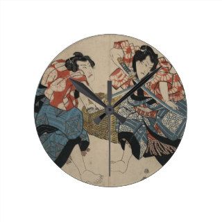 Samurai Sword Fight circa 1825 Round Wallclocks