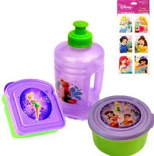 4 Item Tinkerbell Lunch Gift Set for Girls Tinkerbell and Disney Fairies Water Bottle, Tinkerbell Sandwich Box, Tinkerbell Snack Container, and Rare Disney Princess Stickers (4 Sheets)   All Are BPA Free and Non toxic   Stickers feature Ariel, Snow White,