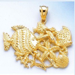 Gold Nautical Charm Pendant Aquarium Textured & High Polish Jewelry