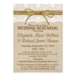 Lace & Rustic Twine Bow Burlap Wedding Rehearsal Invitation
