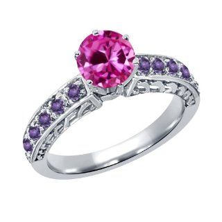 1.24 Ct Round Pink Created Sapphire Purple Amethyst 925 Sterling Silver Ring Jewelry