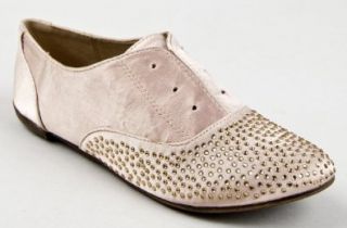 Qupid SALYA 564 Rhinestone Studded Lace Less Oxford Flat Satin Shoe Shoes