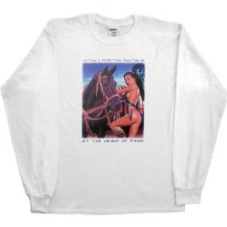 MENS LONG SLEEVE T SHIRT  SAND   SMALL   Nothing Is Finer Than Mounting Up at the Crack of Dawn   Native American Quarter Horse Pin Up Girl Clothing