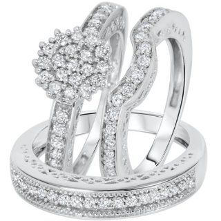 1 CT. T.W. Round Cut Diamond Women's Engagement Ring, Ladies Wedding Band, Men's Wedding Band Matching Set 10K White Gold   Free Gift Box Jewelry