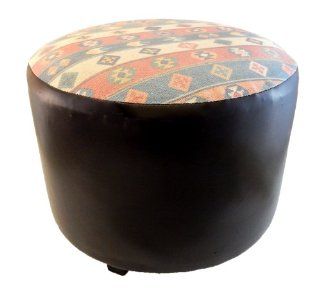 16" Round Southwestern Ikat Print Faux Leather Ottoman   Home Storage Baskets